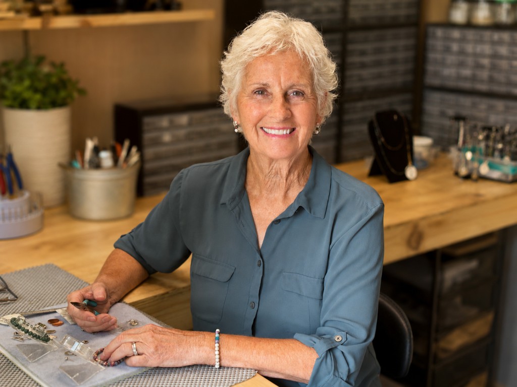 Renie making jewelry at her workbench in the McBead's studio